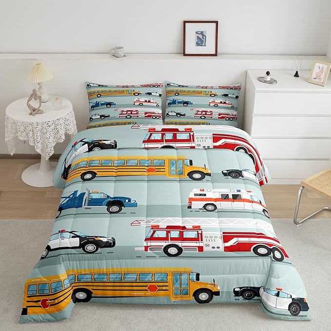 Erosebridal Fire Truck Comforter Set,Police Car Down Comforter Queen Size,School Bus Bedding Set for Kids Boys Teens Youth,Equipped Truck Cartoon Vehicle Quilt Duvet Insert Bedroom Dorm Decor 3 Pcs