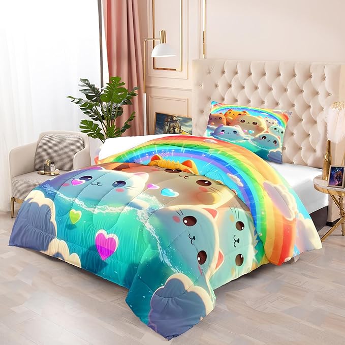 Cat Comforter Set - Cartoon Cat Twin Bedding Set for Girls Cute Cat Rainbow Printed Kids Bedding Set for Girls Kids Teens All Season Kawaii Cat Twin Quilt Set, 1 Comforter+1 Pillowcase