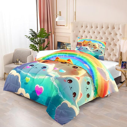 Cat Comforter Set - Cartoon Cat Twin Bedding Set for Girls Cute Cat Rainbow Printed Kids Bedding Set for Girls Kids Teens All Season Kawaii Cat Twin Quilt Set, 1 Comforter+1 Pillowcase