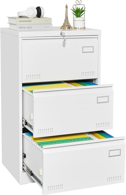3 Drawer Lateral Lock and Card Holder, Multifunctional Metal Filing Cabinets w/Heavy 3 Section Slide Rail & Breathable Holes,for Legal/Letter/A4,White
