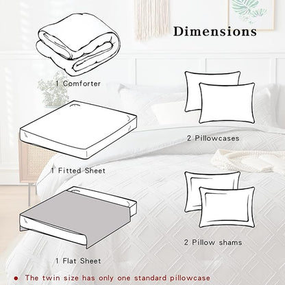 7 Pieces Tufted Bed in a Bag Queen Comforter Set with Sheets Light Grey, Soft and Embroidery Shabby Chic Boho Bohemian, Solid Color with Diamond Pattern, Jacquard Tufts Bedding Set for All Season