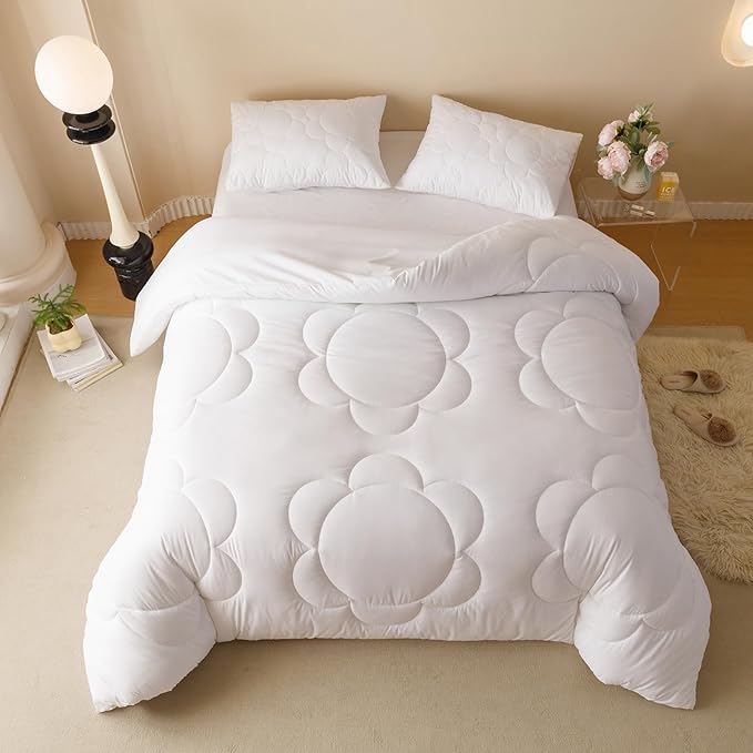White Flower Comforter King White Sunflower Print Bed King Comforter Set 3 Pieces White Floral Comforter Set for Women Girls Bedroom Decor All Season Hotel Quality Comforter Set