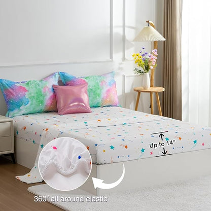 A Nice Night Galaxy 6pcs Kids Bed in a Bag Outer Space Comforter 3D Printed Space Quilt Set Glitter Pink Green Color,for Children Boy Girl Teen Kids,Queen