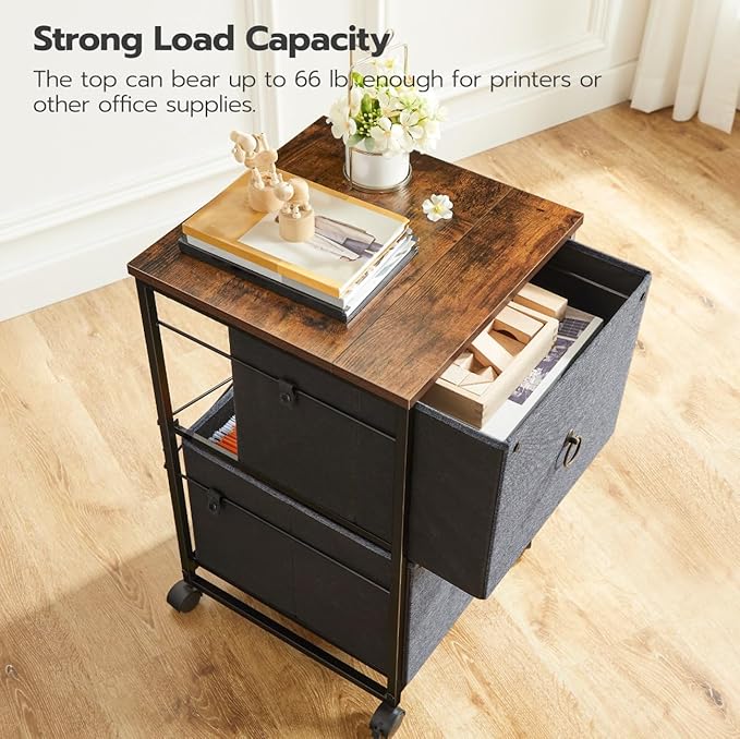 HOOBRO 2 Drawer Mobile File Cabinet, Rolling Printer Stand, Vertical Filing Cabinet, Office Cabinet, Filing Cabinet for Home Office, A4/Letter Size, Nonwovens Drawer, Rustic Brown and Gray BFG20WJ01
