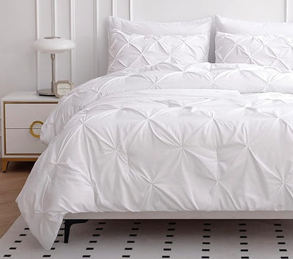 LANE LINEN Twin Comforter Set, 5 Piece Twin Bedding Sets, Ultra Soft Pintuck Twin Bed in a Bag Set with Down Alternative Comforter, Sheets, Pillowcase & Sham, Pinch Pleated Kids Bedding Set - White