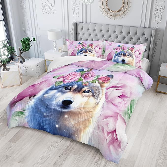 Wolf Comforter Set Tie Dye Wolf Bedding Set for Kids Teens Room Decor Romantic Pink Rose Wild Animals Comforter with 2 Pillowcases