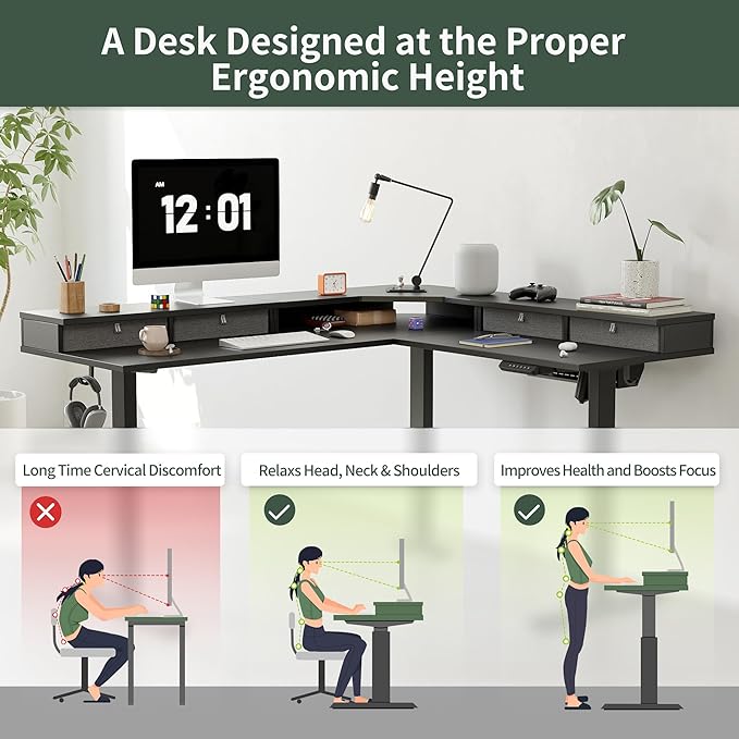 FEZIBO 63" L Shaped Standing Desk with 4 Drawers, Electric Standing Gaming Desk Adjustable Height, Corner Stand up Desk with Splice Board, Black Frame/Black Top