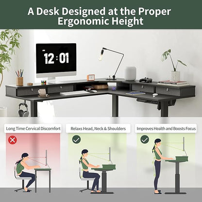 FEZIBO 63" L Shaped Standing Desk with 4 Drawers, Electric Standing Gaming Desk Adjustable Height, Corner Stand up Desk with Splice Board, Black Frame/Black Top