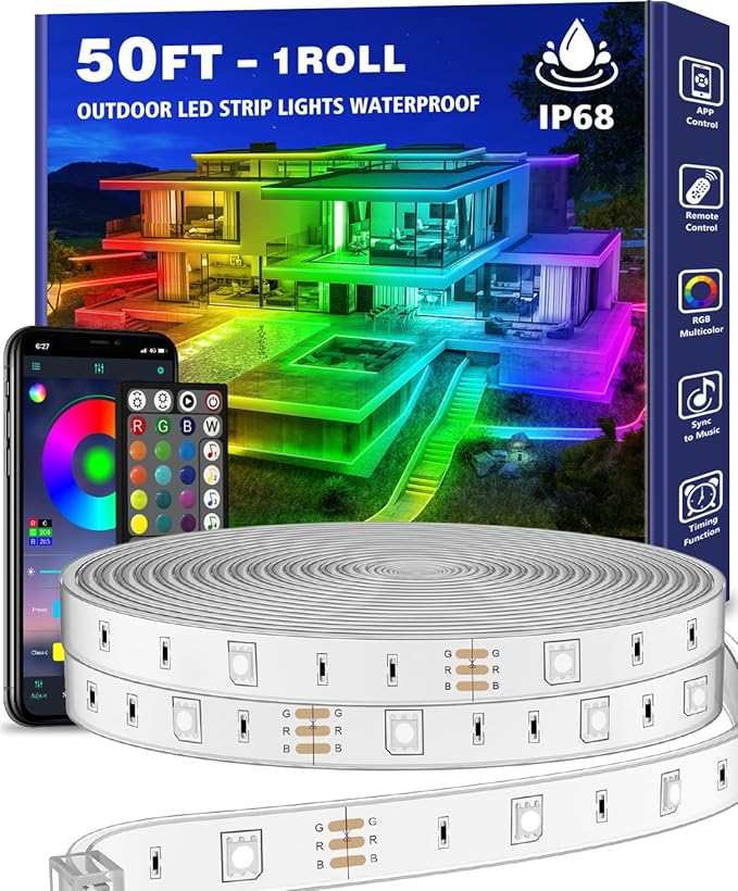 50ft Outdoor LED Strip Lights Waterproof,IP68 Outside Led Light Strips Waterproof with App and Remote,Music Sync RGB Exterior Led Rope Lights with Self Adhesive Back for Deck,Balcony,Pool