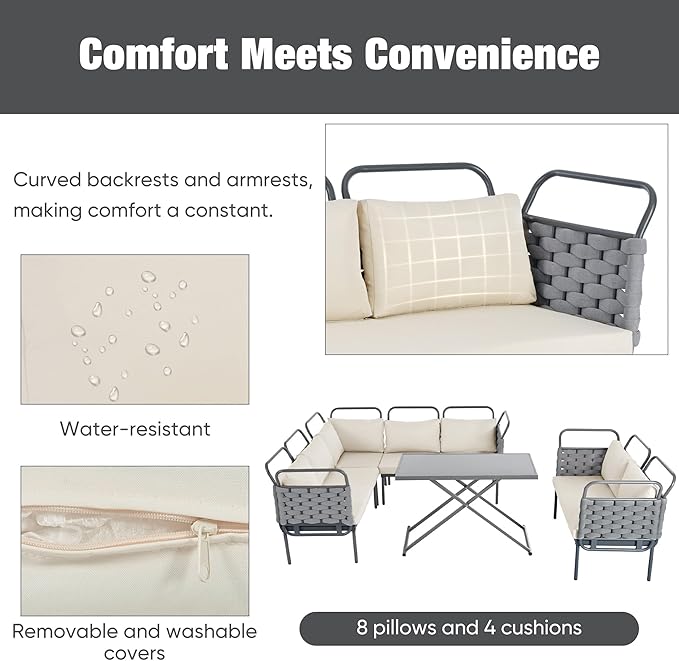 5-Piece Woven Rope Outdoor Patio Furniture Sets, L-shaped Conversation Sectional Sofa with Loveseat, Corner Couch, Glass Table and Removable Cushions, for Garden Backyard, Onesize, Gray+Beige
