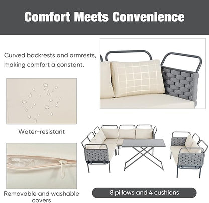 5-Piece Woven Rope Outdoor Patio Furniture Sets, L-shaped Conversation Sectional Sofa with Loveseat, Corner Couch, Glass Table and Removable Cushions, for Garden Backyard, Onesize, Gray+Beige