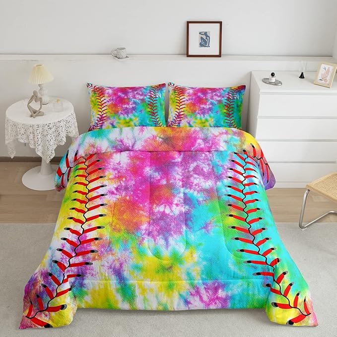 Feelyou Kids Baseball Comforter Boys Girls Softball Sports Game Comforter Set Girly Colorful Tie Dye Bedding Set Teens Men Baseball Gaming Quilt Set Rainbow Room Decor Queen Size for All Season 3Pcs
