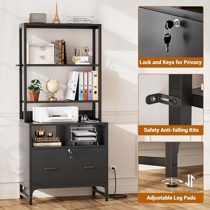 Homieasy File Cabinet with Charging Station, Vertical Filing Cabinet with Lock & Large Drawer, Printer Stand with Storage Shelves, Office Storage Cabinet fits Letter/A4/Legal Size, Black