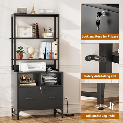 Homieasy File Cabinet with Charging Station, Vertical Filing Cabinet with Lock & Large Drawer, Printer Stand with Storage Shelves, Office Storage Cabinet fits Letter/A4/Legal Size, Black