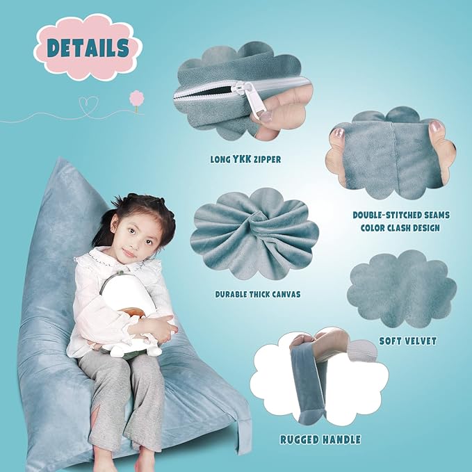 Stuffed Animal Storage Bean Bag Chair Cover, Velvet Grey Plush Toy Storage Stuff and Sit Seat for Kids/Teens/Adults, 52" x 31" Extra Large Triangle Floor Sofa, 200L/52Gal, Cover Only