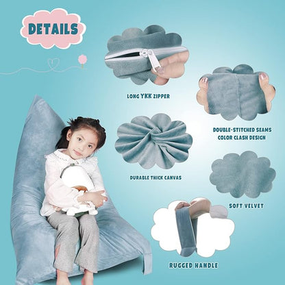 Stuffed Animal Storage Bean Bag Chair Cover, Velvet Grey Plush Toy Storage Stuff and Sit Seat for Kids/Teens/Adults, 52" x 31" Extra Large Triangle Floor Sofa, 200L/52Gal, Cover Only