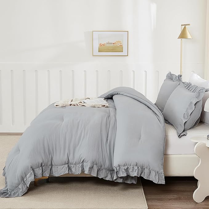 Andency Silver Gray Comforter Set Queen Size, 3 Pieces Shabby Chic Ruffle Bedding Comforter Sets for Queen Bed, Lightweight Fluffy Soft Microfiber Farmhouse Comforter Set