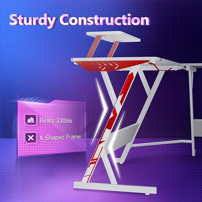 MOTPK White Gaming Desk L Shaped, Gamer Desk Gaming Table with Carbon Fiber Surface, Corner Computer Desk L Shape with Cup Holder & Headphone Hook, 51 Inch