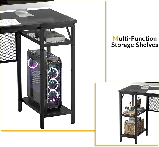 Unikito L Shaped Desk with USB Charging Port and Power Outlet, Reversible Corner Computer Desk with Storage Shelves, Industrial 2 Person Long Gaming Table Modern Home Office Desk, Black