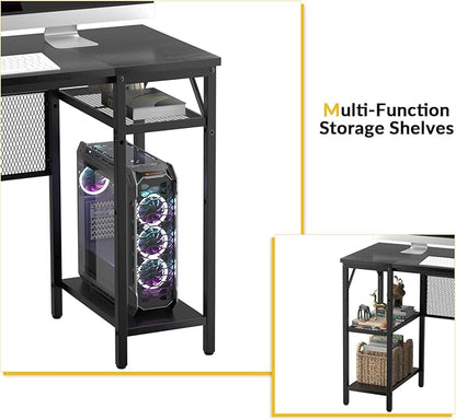 Unikito L Shaped Desk with USB Charging Port and Power Outlet, Reversible Corner Computer Desk with Storage Shelves, Industrial 2 Person Long Gaming Table Modern Home Office Desk, Black