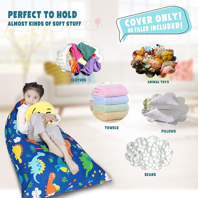 Stuffed Animal Storage Bean Bag Chair Cover, Cotton Blue Dinosaur Plush Toy Storage Stuff and Sit Seat for Kids/Teens/Adults, 52" x 31" Extra Large Triangle Floor Sofa, 200L/52Gal, Cover Only