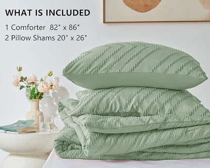 CozyLux Full Size Comforter Set Sage Green - 3 Pieces Boho Tufted Shabby Chic Bedding Comforter Set for All Seasons, Chevron Bedding Sets with Comforter & 2 Pillow Shams