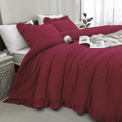 Andency Burgundy Comforter Set Queen Size, 3 Pieces Shabby Chic Ruffle Bedding Comforter Sets for Queen Bed, Lightweight Fluffy Soft Microfiber Farmhouse Comforter Set