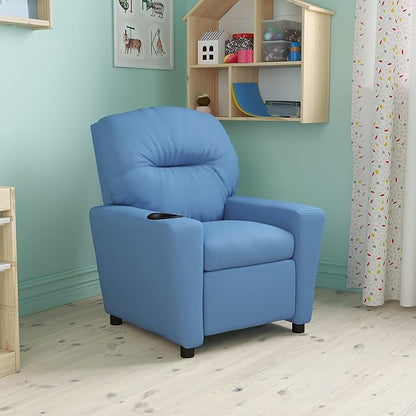 Flash Furniture Chandler Vinyl Kids Recliner with Cup Holder and Safety Recline, Contemporary Reclining Chair for Kids, Supports up to 90 lbs., Light Blue