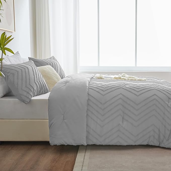 CozyLux Queen Comforter Set Light Grey - 3 Pieces Boho Tufted Shabby Chic Bedding Comforter Set for All Seasons, Chevron Bedding Sets with Comforter & 2 Pillow Shams