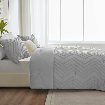 CozyLux Queen Comforter Set Light Grey - 3 Pieces Boho Tufted Shabby Chic Bedding Comforter Set for All Seasons, Chevron Bedding Sets with Comforter & 2 Pillow Shams