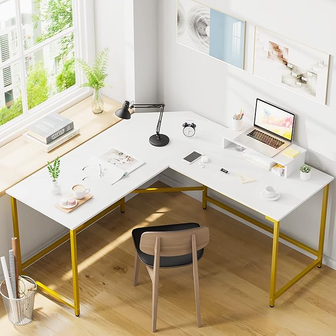 Elephance 59" L Shaped Desk Corner Computer Desk Gaming Table with Monitor Stand Workstation for Home Office (Large, White+ Gold Frame)