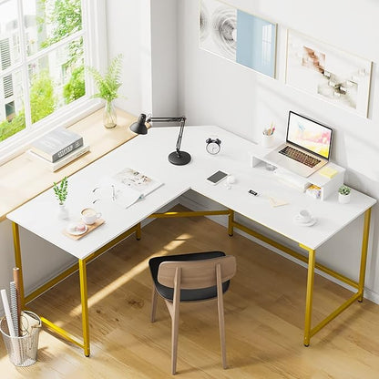 Elephance 59" L Shaped Desk Corner Computer Desk Gaming Table with Monitor Stand Workstation for Home Office (Large, White+ Gold Frame)