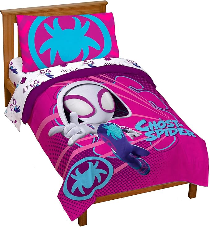 Marvel Spidey & His Amazing Friends Ghost Spider Gwen 4 Piece Toddler Bed Set - Bedding includes Comforter & Sheet Set - Super Soft Fade Resistant Microfiber