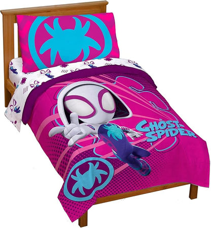 Marvel Spidey & His Amazing Friends Ghost Spider Gwen 4 Piece Toddler Bed Set - Bedding includes Comforter & Sheet Set - Super Soft Fade Resistant Microfiber