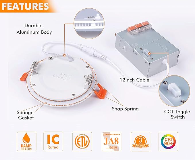 CLOUDY BAY 6 Pack 4 Inch 5CCT Ultra-Thin LED Recessed Ceiling Light with Junction Box,2700K/3000K/3500K/4000K/5000K Selectable,10W Dimmable Canless Wafer Downlight,White,650LM High Brightness