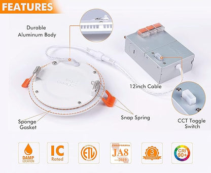 CLOUDY BAY 6 Pack 4 Inch 5CCT Ultra-Thin LED Recessed Ceiling Light with Junction Box,2700K/3000K/3500K/4000K/5000K Selectable,10W Dimmable Canless Wafer Downlight,White,650LM High Brightness