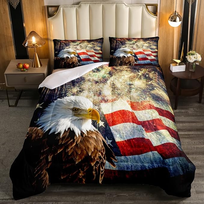 Erosebridal American Flag Comforter Eagle Room Decorative Comforter Set Full Size Firework Bedding Set Wildlife Animal Bird Down Comforter Soft Lightweight Quilt Set with 2 Pillowcases