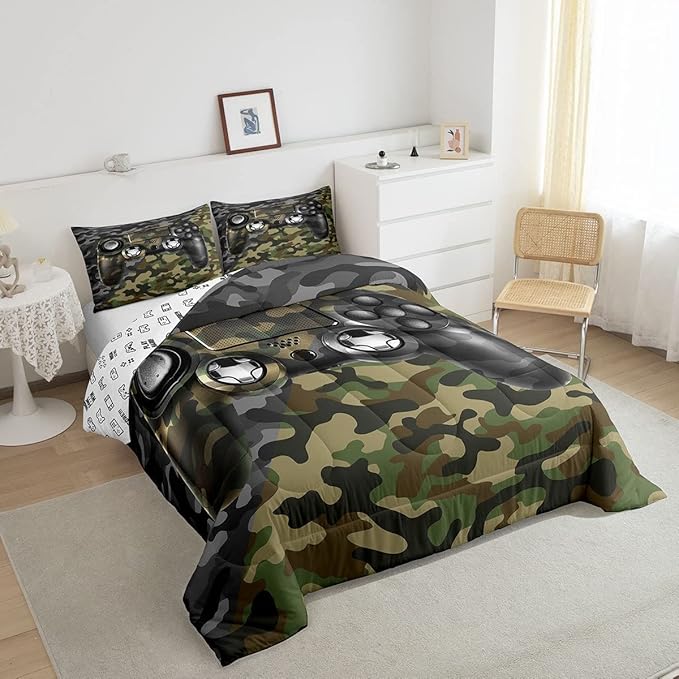 Feelyou Kids Gamer Comforter Set Camouflage Gaming Bedding Set for Boys Teens Bedroom Green Black Camo Video Game Decor Comforter Gamer Console Quilt Set Queen Size Duvet Quilted 3Pcs