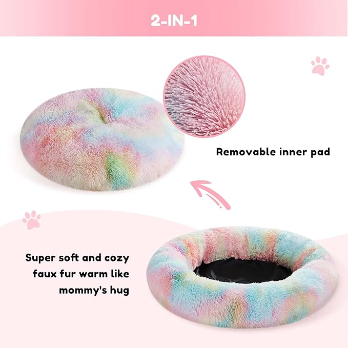 WESTERN HOME WH Calming Dog & Cat Donut Cuddler, Anti-Anxiety Warming Cozy Soft Round Bed, Fluffy Faux Fur Plush Cushion for Small Medium Dogs and Cats