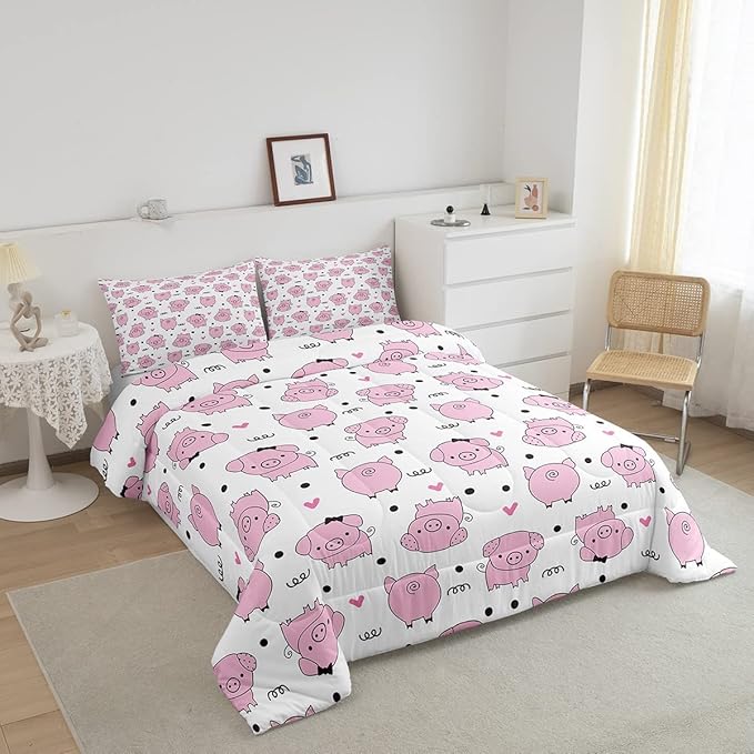 Erosebridal Pink Pig Comforter Set for Girls Kawaii Room Decor Twin,Cute Pigs Bedding Set for Kids Boys Children Farm Animal Quilted Duvet Sets Cartoom Style Soft Lightweight Down Comforter 2 Pcs