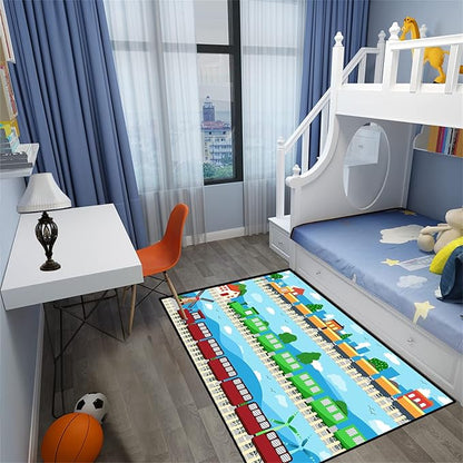Train Rug Car Rug Play Mat Truck Rugs for Boys Room Kids Car Rug Truck Car Rug Car Carpet for Kids Kids Rugs for Playroom Car Rug for Boys Room,Light Blue 3'×5'