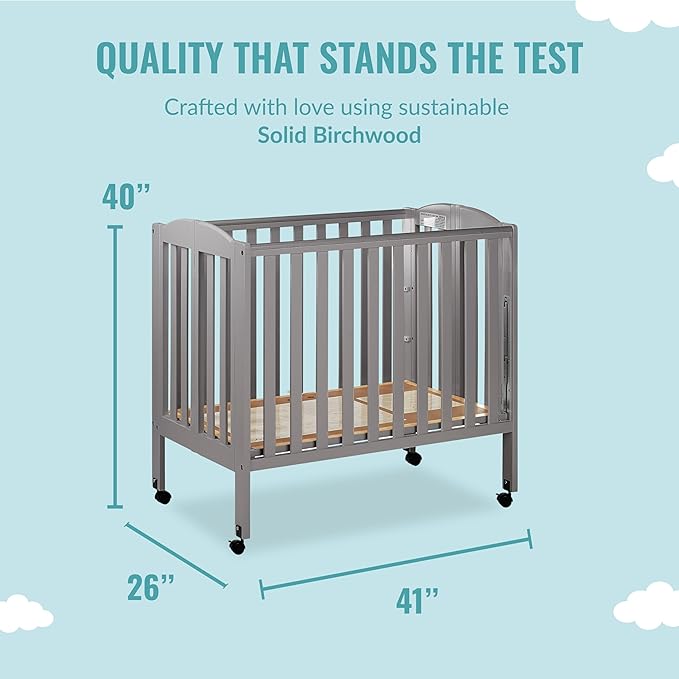 3 in 1 Portable Folding Stationary Side Crib in Steel Grey, Greenguard Gold Certified, Safety Wheels with Locking Casters, Convertible, 3 Mattress Heights