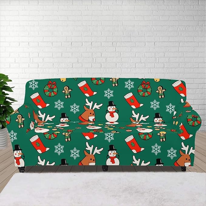FKELYI Christmas Decorations Green Sofa Slipcover Santa Claus Stretch Sofa Couch Cover for Indoor Washable Furniture Protector with Elastic Bottom XL
