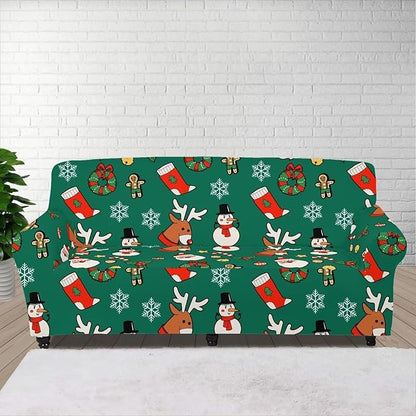 FKELYI Christmas Decorations Green Sofa Slipcover Santa Claus Stretch Sofa Couch Cover for Indoor Washable Furniture Protector with Elastic Bottom XL
