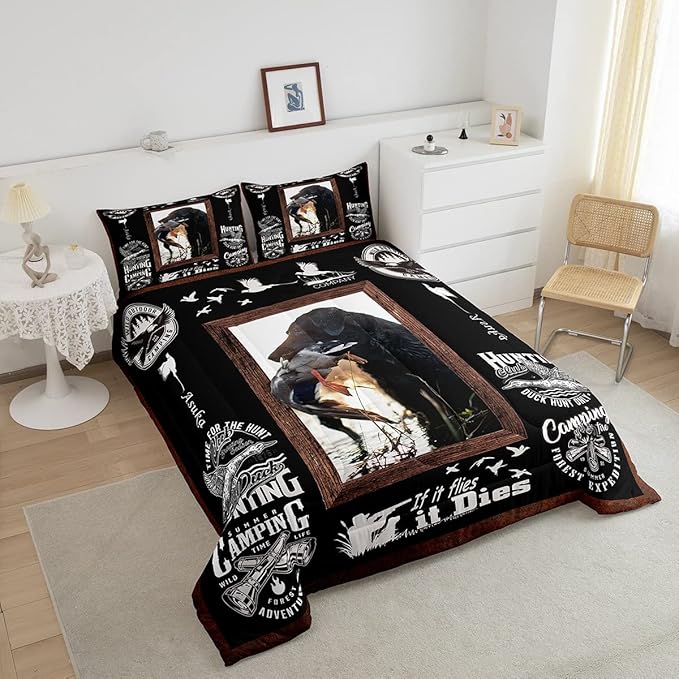 Feelyou Duck Hunting Comforter Hunting and Fishing Bedding Set for Kids Boys Girls Dog Hunter Comforter Set Wild Animal Inner Fill Duvet Set 1 Comforter Set with 2 Pillowcases Queen Size