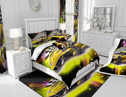Feelyou Yellow Sports Car Comforter Sets King Size, Boys Race Car Bedding for Teens Girls Adult Extreme Speed Race Car Duvet Sets Black and White Grids Print Car Theme Bedroom Decor Quilts