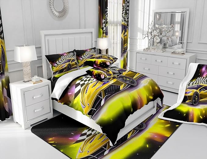 Feelyou Yellow Sports Car Comforter Sets Twin Size, Boys Race Car Bedding for Teens Girls Adult Extreme Speed Race Car Duvet Sets Black and White Grids Print Car Theme Bedroom Decor Quilts