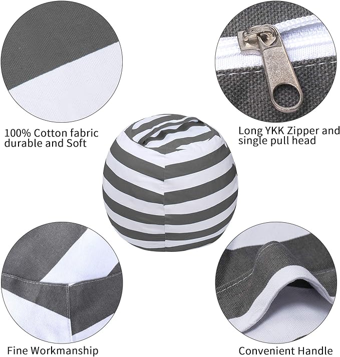 2 PCS Stuffed Animal Storage Bean Bag Chair Cover, Cotton Canvas Beanbag with Zipper for Organizing Kid's and Adults Room Grey 24"