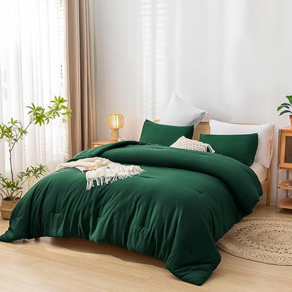 Queen Comforter Set Boho Emerald Green Comforter with 2Pillowcases Soft Microfiber Dark Green 3 Piece Bedding Comforter Set for All Season