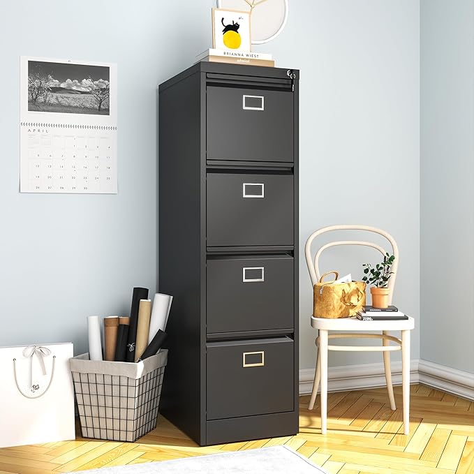 4 Drawer File Cabinet, Metal Vertical File Cabinets with Lock for Home Office, Heavy Duty Office Steel Filing Cabinet for Hanging Files for A4/ Legal/Letter,Assembly Required (Black)